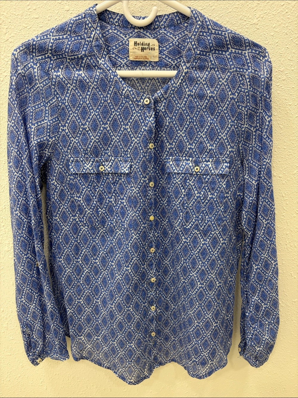 HOLDING HORSES Anthropology Blue Diamond Print Button-Up Blouse